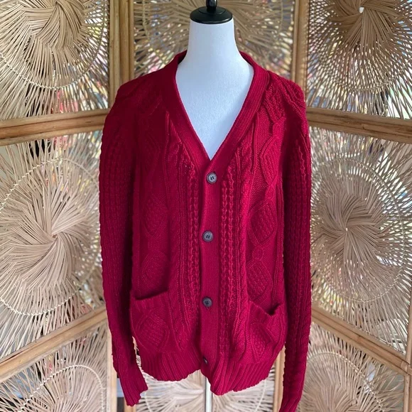 Vintage American Weekend Classic Red Cable Knit Button Front Grandpa Cardigan - Picture 2 of 5